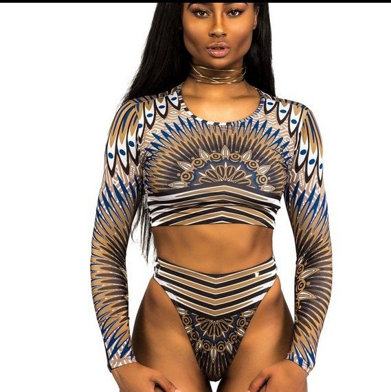 Sexy African Print Tribal Swimsuit Long Sleeve Swimwear Bathing Suit Women Swimming Suit Surfing Beachwear Thong Bikini Maillot