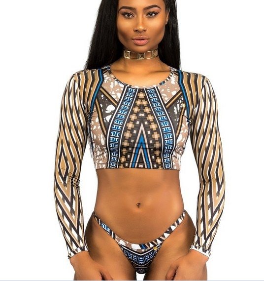 Sexy African Print Tribal Swimsuit Long Sleeve Swimwear Bathing Suit Women Swimming Suit Surfing Beachwear Thong Bikini Maillot