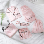 Rosa 7Pcs Brief bestickt gestreiften Pyjamas Set