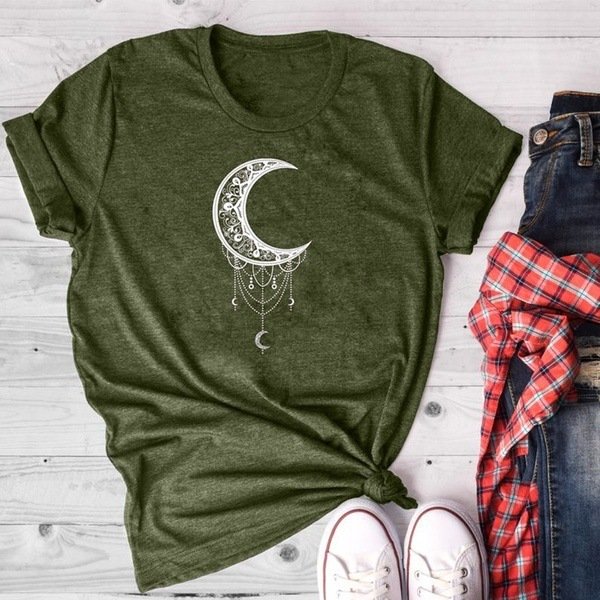 Sonne Mond Frauen Tshirt O-Ausschnitt T Shirt Frauen Baumwolle gedruckt Camiseta Mujer Kurzarm Tshirt