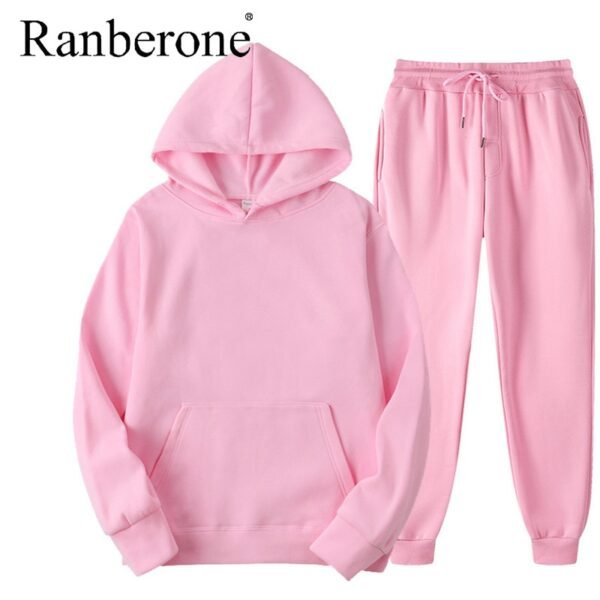 Ranberone 2Pcs Sport Suit Fitness Solid Color Women's Tracksuits Hooded Pullover Sweatshirt Casual Pants Sets Sportswear Male