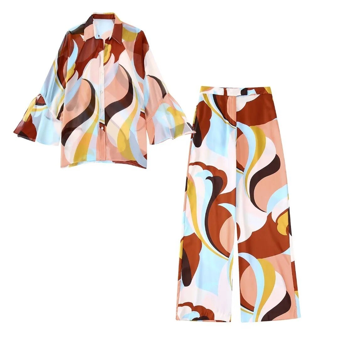 Retro Printed Leisure Shirt+Straight Long Pants Suit