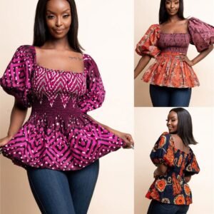 Impression digitale africaine Sexy Square Neck Lantern Sleeve Casual Top