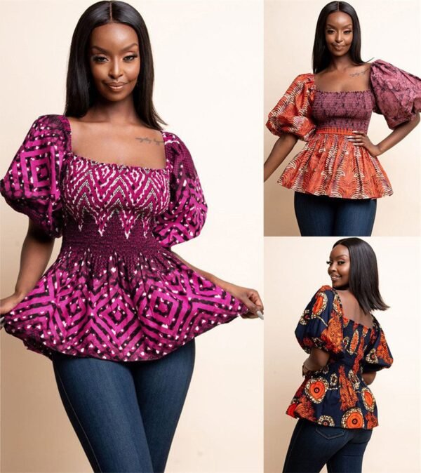 African Style Digital Printing Sexy Square Neck Lantern Sleeve Casual Top