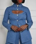 Open Chested Denim Top And Pants Two Piece Suit