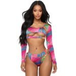 Hochgeschnittener Badeanzug Zweiteiliger Badeanzug Frauen Afrikanischer Druck Lange Ärmel Badebekleidung Ausgeschnittener Strand Tribal Tanga Bikini