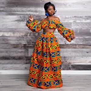 Printed African Style Women's Suit One-way Neck Top Split Skirt