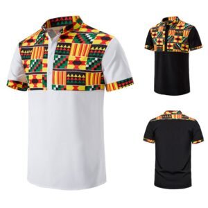 Summer New Men's Shirt African Print Stitching Design Short Sleeve Button Shirt Stand Collar Big Happy Shirt