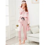 Pink 7Pcs Letter Embroidered Striped Pajamas Set