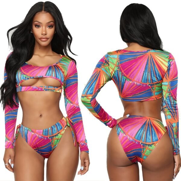 High Cut Swimsuit Two Piece Bathing Suit Women African Print Long Sleeves Swimwear Cut Out Beach Tribal Thong Bikini