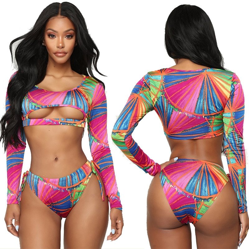 Maillot de bain deux pièces Maillot de bain deux pièces femme Maillot de bain manches longues imprimé africain Maillot de bain manches longues découpé Plage Tribal Thong Bikini