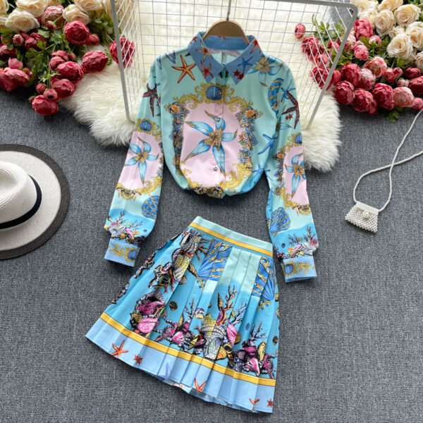 Vintage Print Shirt Blouse And High Waist Pleated Skirts Two Piece Sets