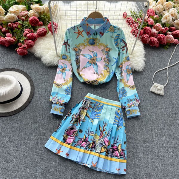 Vintage Print Shirt Blouse And High Waist Pleated Skirts Two Piece Sets
