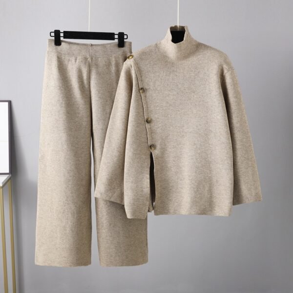 Stand Collar Knit Sweater & Wide Leg Pants Two-Piece Set