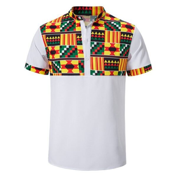 Summer New Men's Shirt African Print Stitching Design Short Sleeve Button Shirt Stand Collar Big Happy Shirt