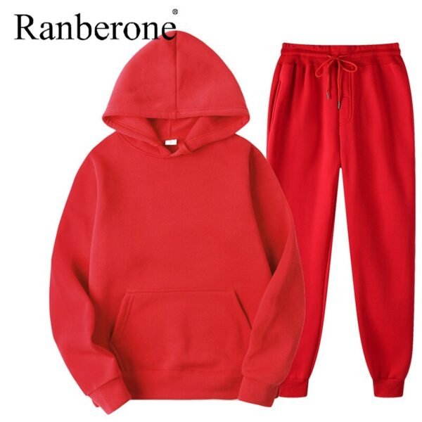 Ranberone 2Pcs Sport Suit Fitness Solid Color Women's Tracksuits Hooded Pullover Sweatshirt Casual Pants Sets Sportswear Male