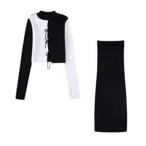 Women Fashion Front Bow Cropped Knit Sweater And High Elastic Waist Midi Skirt Female Two Piece Sets