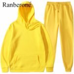 Ranberone 2Pcs Sport Suit Fitness Solid Color Women's Tracksuits Hooded Pullover Sweatshirt Casual Pants Sets Sportswear Male