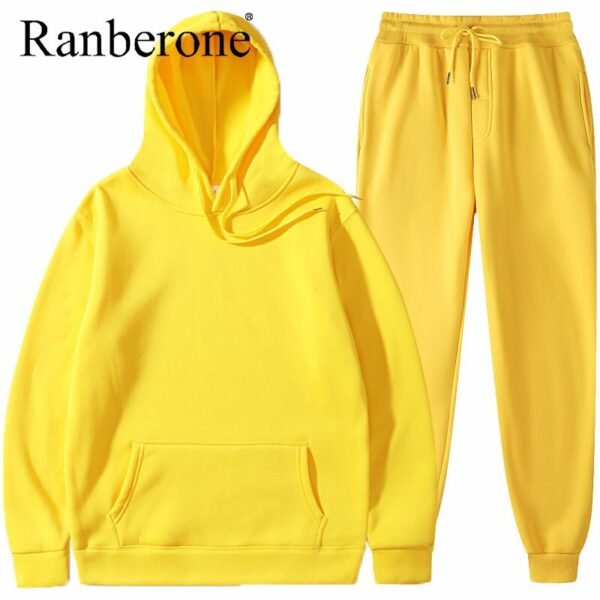 Ranberone 2Pcs Sport Suit Fitness Solid Color Women's Tracksuits Hooded Pullover Sweatshirt Casual Pants Sets Sportswear Male