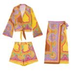 Ladies Retro Print Shirt + Skirt + Short 3 Pieces set