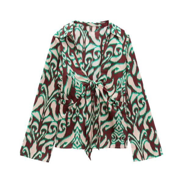 Retro V-Shaped Long Sleeve Printed Shirt + Mid-Waist Casual Trousers Suit