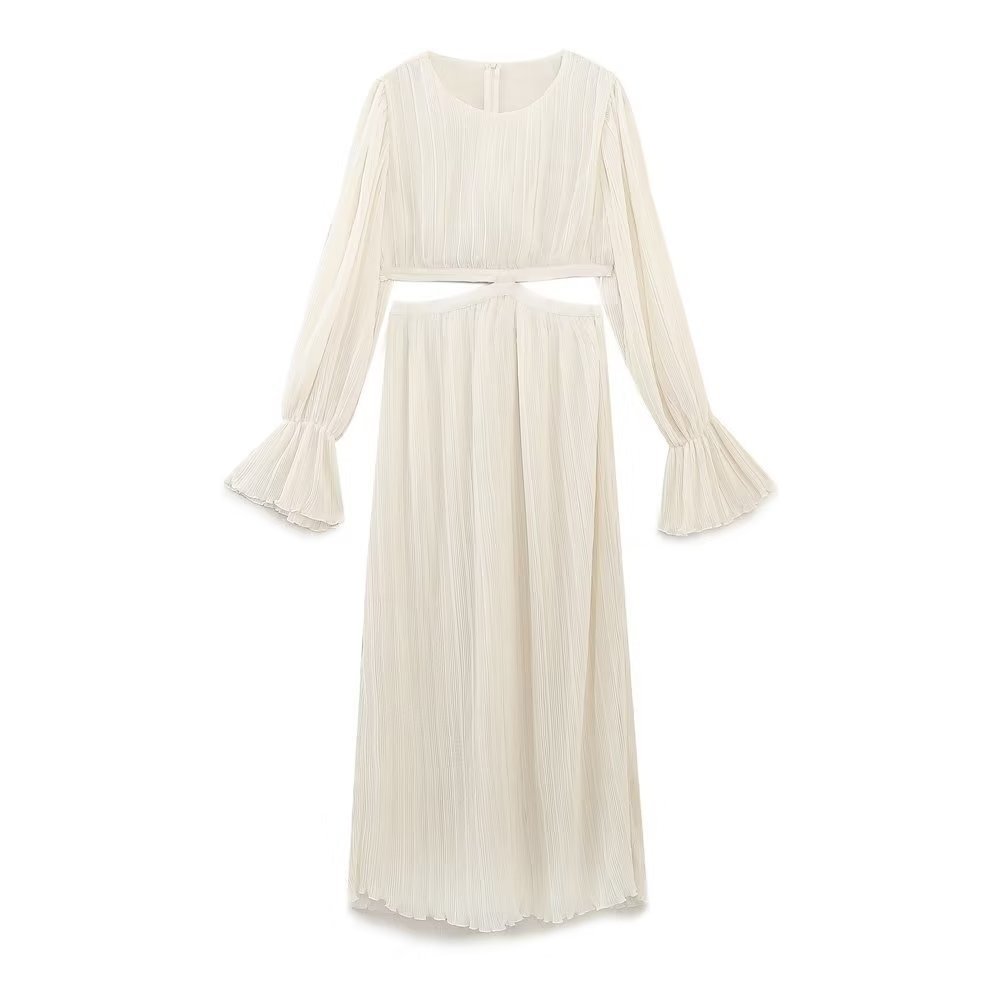 French Open Waist Flared Sleeve Pleated Long Dress