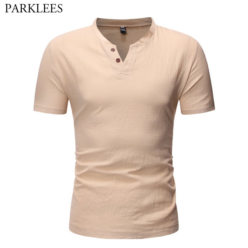 Short Sleeve Linen Henley T Shirt