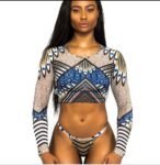 Sexy African Print Tribal Swimsuit Long Sleeve Swimwear Bathing Suit Women Swimming Suit Surfing Beachwear Thong Bikini Maillot