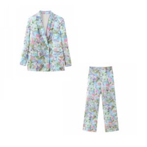 Retro Style Long Sleeved Set Floral Double Breasted Suit