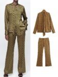 Retro Print Long Sleeved Chic Bow Blouses+Flare Pants Pants Suit