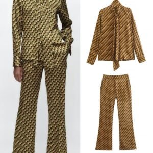 Retro Print Long Sleeved Chic Bow Blouses+Flare Pants Pants Suit