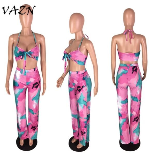 Sexy Beach Style 2 piece Women Set Print Halter Strapless Long Pant Bodycon Set