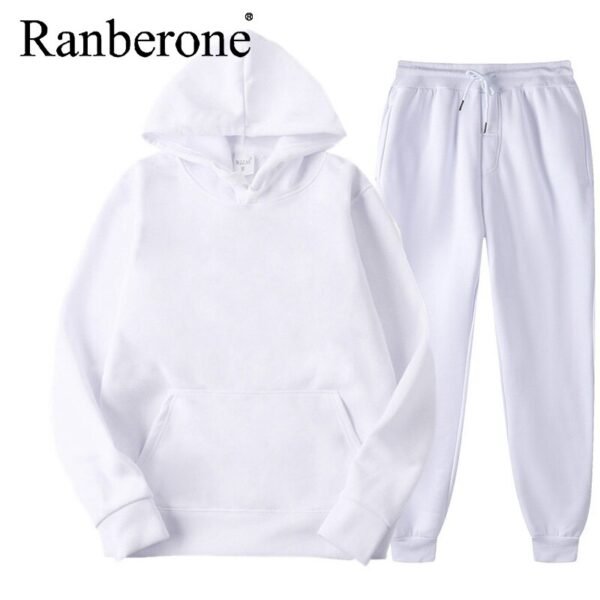 Ranberone 2Pcs Sport Suit Fitness Solid Color Women's Tracksuits Hooded Pullover Sweatshirt Casual Pants Sets Sportswear Male