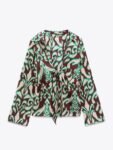 Retro V-Shaped Long Sleeve Printed Shirt + Mid-Waist Casual Trousers Suit
