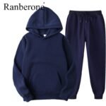 Ranberone 2Pcs Sport Suit Fitness Solid Color Women's Tracksuits Hooded Pullover Sweatshirt Casual Pants Sets Sportswear Male