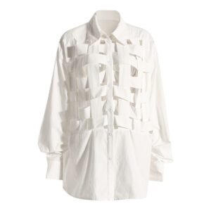 Loose Single Breasted Long Sleeve Hollow Out White Blouse