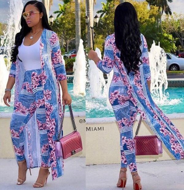 Plus Size 2 Piece Cardigan Cloak Long Top And Bodycon Pant Matching Sets