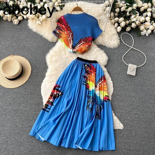 Vintage Plus size Printed Short Sleeve Tops And High Waist Pleated Long Skirt Suit