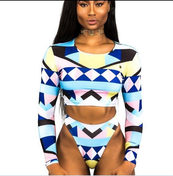 Sexy African Print Tribal Swimsuit Long Sleeve Swimwear Bathing Suit Women Swimming Suit Surfing Beachwear Thong Bikini Maillot