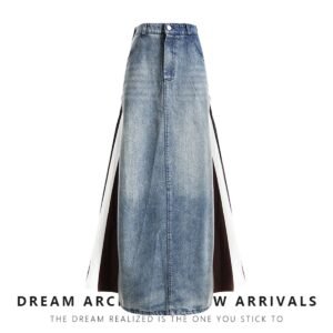 Old Denim Patchwork Long Skirt With Loose Design