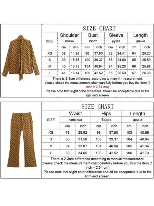 Retro Print Long Sleeved Chic Bow Blouses+Flare Pants Pants Suit