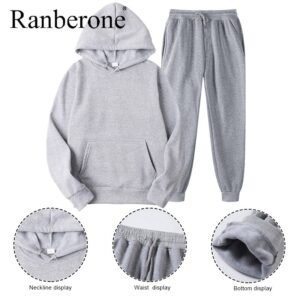 Ranberone 2Pcs Sport Suit Fitness Solid Color Women's Tracksuits Hooded Pullover Sweatshirt Casual Pants Sets Sportswear Male