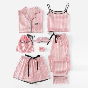 Pink 7Pcs Letter Embroidered Striped Pajamas Set