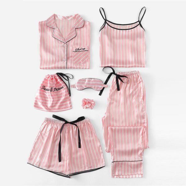 Pink 7Pcs Letter Embroidered Striped Pajamas Set