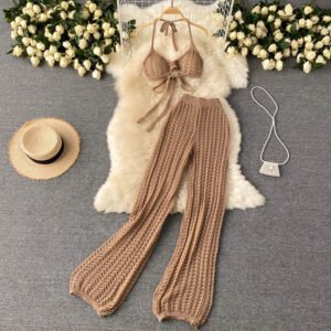 Seaside Hot Spring Resort Suit Women's Summer Sexy Bikini Straps Halter Neck Design Hollow Knitted Wide Leg Pants