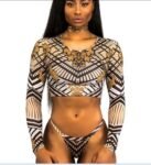 Sexy African Print Tribal Swimsuit Long Sleeve Swimwear Bathing Suit Women Swimming Suit Surfing Beachwear Thong Bikini Maillot