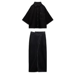 Black Line Decorated Shirt + High Waist Asymmetric Skirt Suit