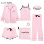 7 Pieces Pajamas Sets Faux Silk Striped Pyjama