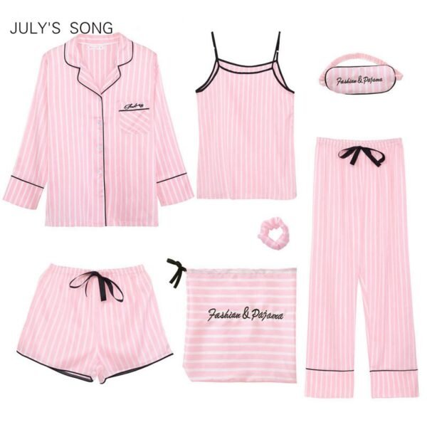 7 Pieces Pajamas Sets Faux Silk Striped Pyjama