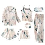 7 Pieces Pajamas Sets Faux Silk Striped Pyjama